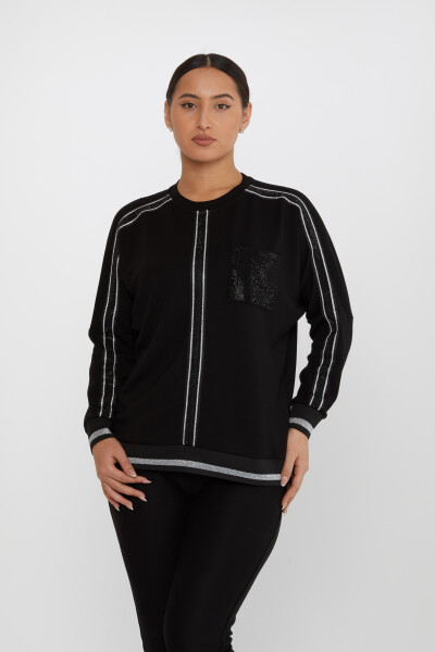 Sweatshirt Cep Taş İşlemeli Siyah-Ekru - 2245 | KAZEE (3'lü Set L-XL-2XL) - 1