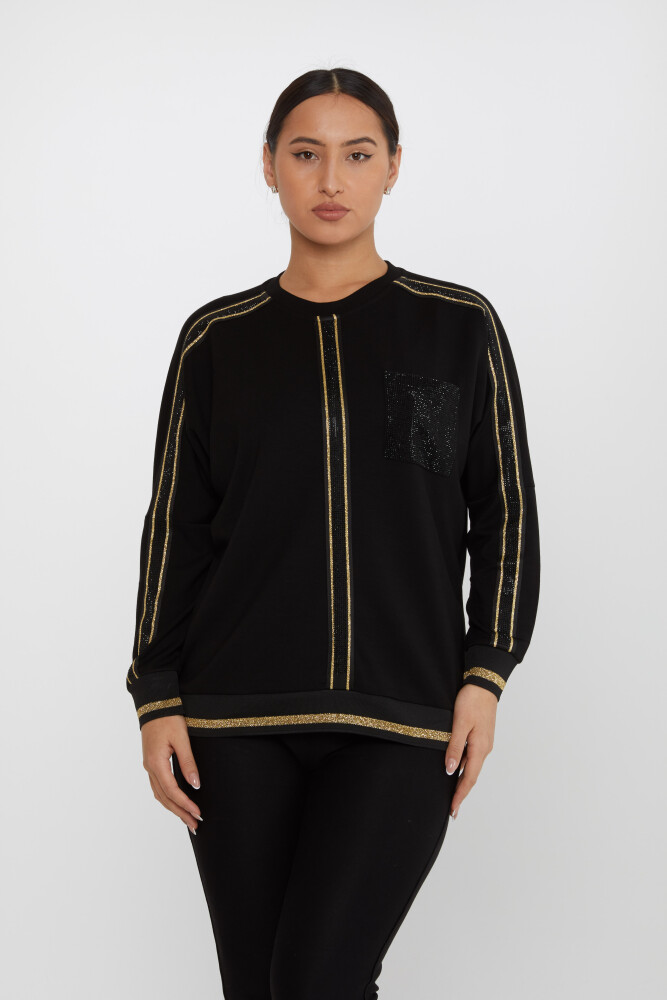 Sweatshirt Cep Taş İşlemeli Siyah-Gold - 2245 | KAZEE (3'lü Set L-XL-2XL) - 1