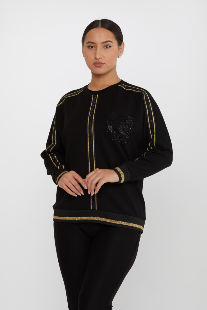 Sweatshirt Cep Taş İşlemeli Siyah-Gold - 2245 | KAZEE (3'lü Set L-XL-2XL) - 2