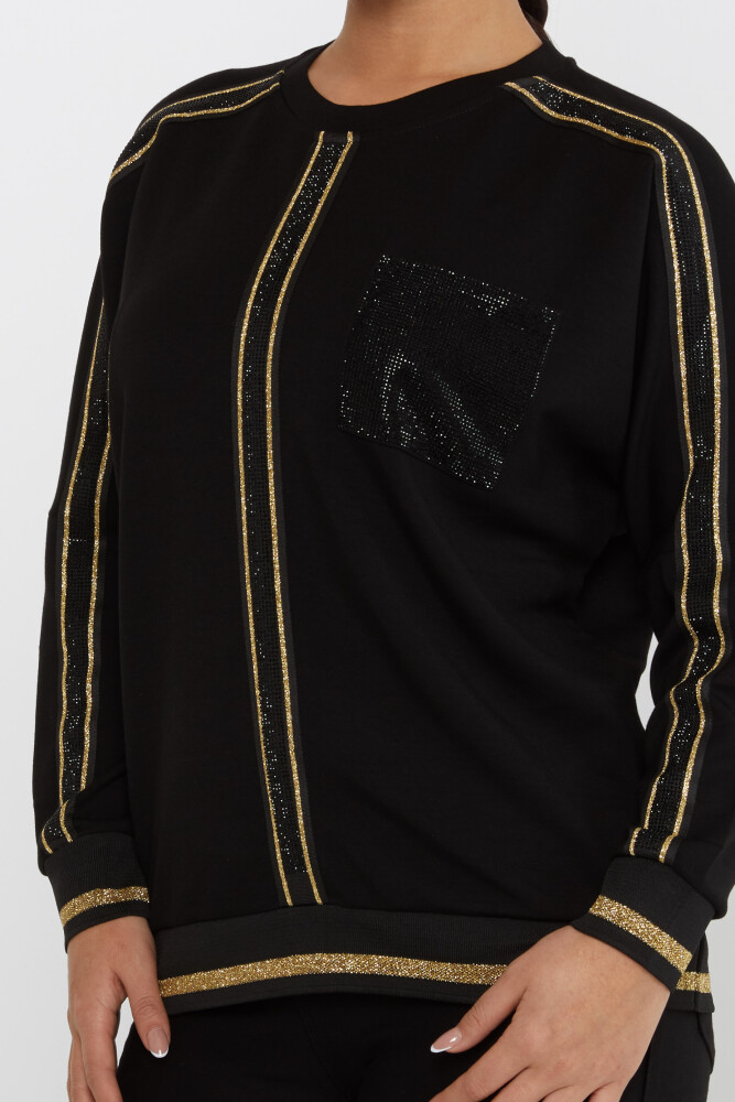 Sweatshirt Cep Taş İşlemeli Siyah-Gold - 2245 | KAZEE (3'lü Set L-XL-2XL) - 3