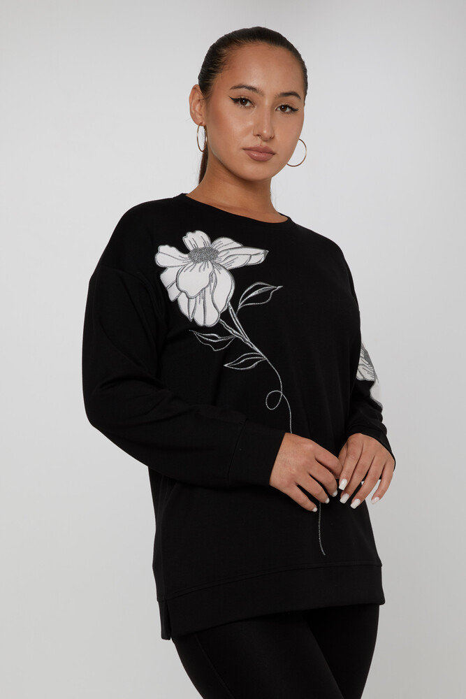 Sweatshirt Çiçek Nakışlı Siyah - 17809 | KAZEE (3'lü Set L-XL-2XL) - 1