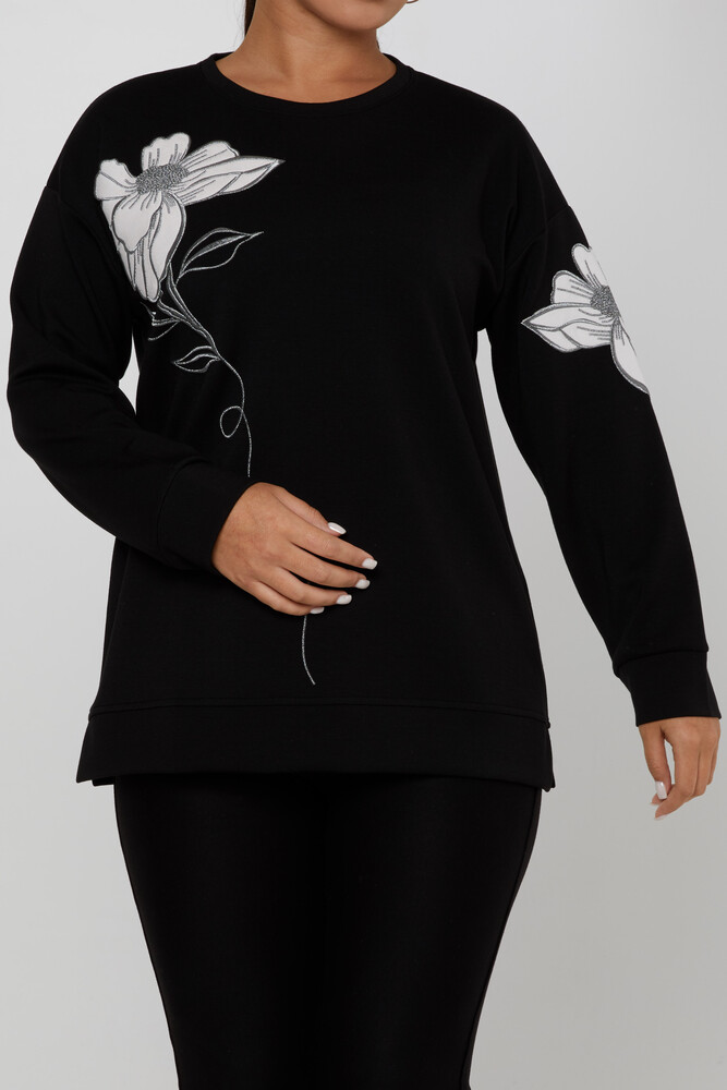 Sweatshirt Çiçek Nakışlı Siyah - 17809 | KAZEE (3'lü Set L-XL-2XL) - 2