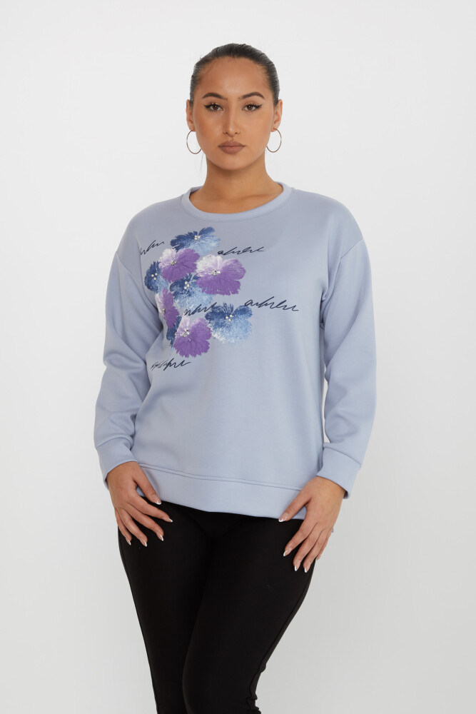 Sweatshirt Çiçekli Mavi -17806 | KAZEE (3'lü Set M-L-XL) - 1