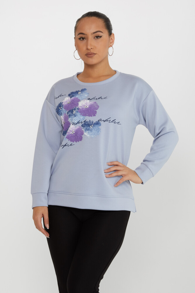 Sweatshirt Çiçekli Mavi -17806 | KAZEE (3'lü Set M-L-XL) - 2