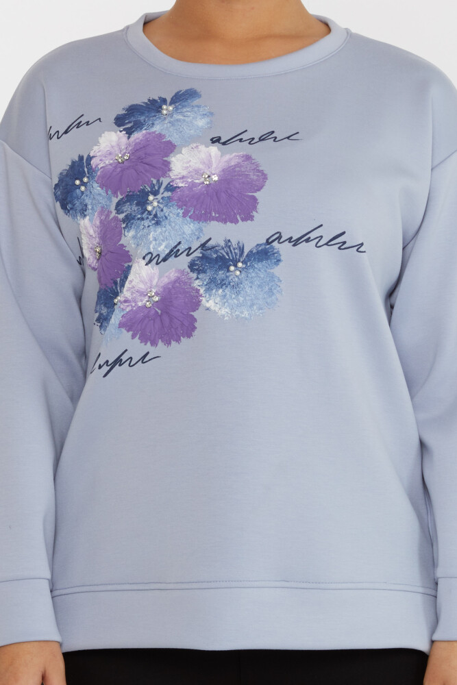 Sweatshirt Çiçekli Mavi -17806 | KAZEE (3'lü Set M-L-XL) - 3