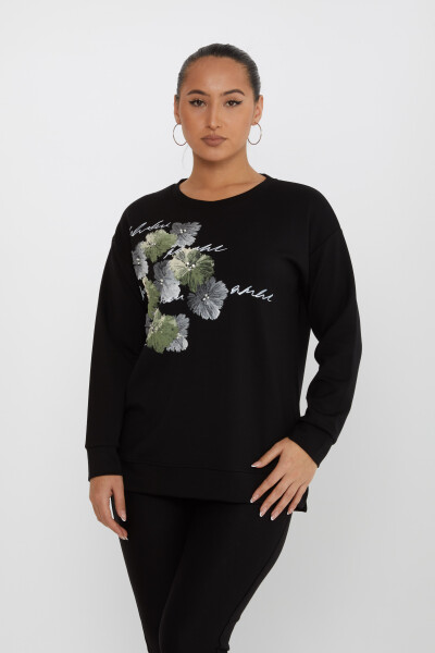 Sweatshirt Çiçekli Siyah - 17806 | KAZEE (3'lü Set M-L-XL) - 1