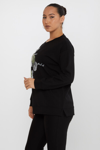 Sweatshirt Çiçekli Siyah - 17806 | KAZEE (3'lü Set M-L-XL) - 2