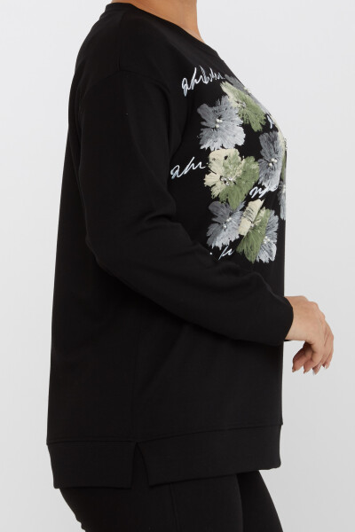 Sweatshirt Çiçekli Siyah - 17806 | KAZEE (3'lü Set M-L-XL) - 4