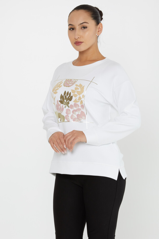 Sweatshirt mit Blumenmuster, Schlitz und Details, Ecru – 17807 | KAZEE (3er-Set M-L-XL) - 1