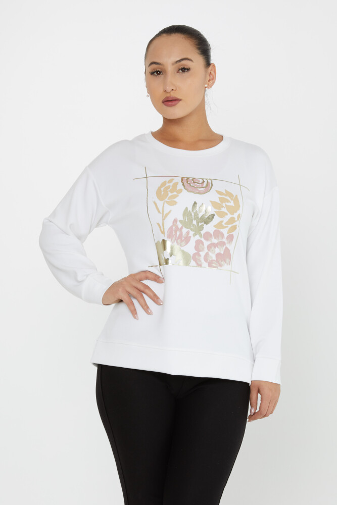 Sweatshirt mit Blumenmuster, Schlitz und Details, Ecru – 17807 | KAZEE (3er-Set M-L-XL) - 2