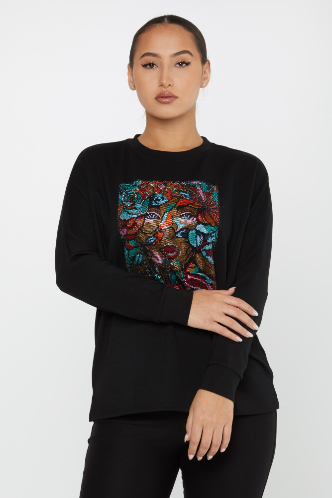 Sweatshirt Kadın Figürlü Siyah - 2247 | KAZEE (3'lü Set L-XL-2XL) - 2