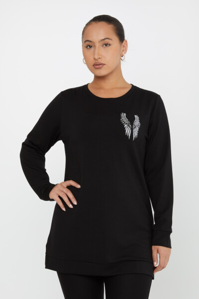 Sweatshirt Kanat Taş İşlemeli Siyah - 17853 | KAZEE (3'lü Set M-L-XL) - 2