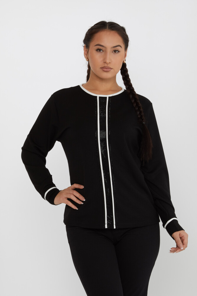 Sweatshirt Şerit Taş İşlemeli Siyah - 2244 | KAZEE (3'lü Set L-XL-2XL) - 1