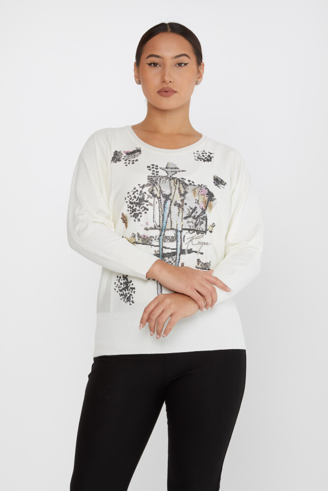 Sweter Dzianinowy Haftowany Kamień Długi Rękaw Ecru - 30227 | KAZEE (zestaw 4 sztuk M-L-XL-2XL) - 1