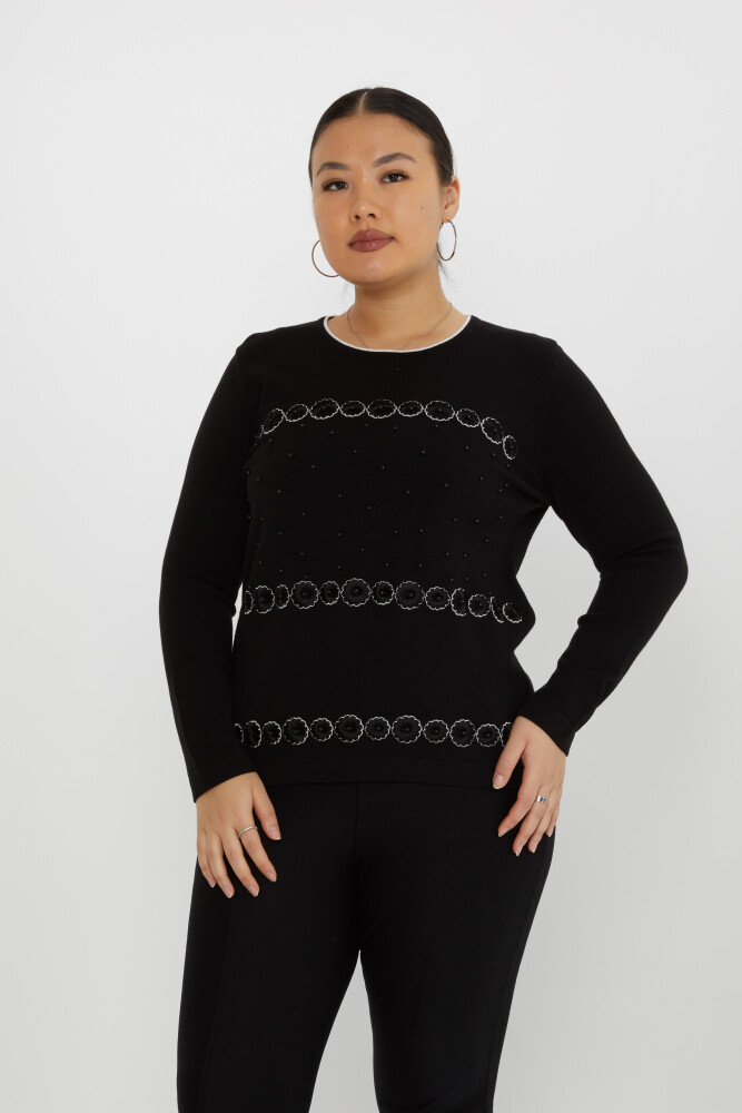 Sweter z dzianiny Perłowy Haftowany Kwiat Haftowany Czarny - 31719 | KAZEE (zestaw 3 sztuk XL-2XL-3XL) - 1