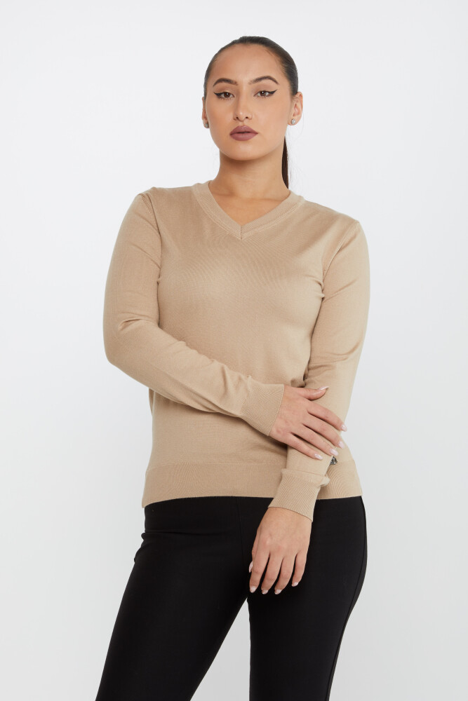 Sweter z dzianiny Basic z długim rękawem beżowy - 30256 | KAZEE (zestaw 4 sztuk M-L-XL-2XL) - 1