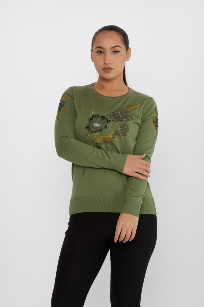 Sweter z dzianiny Kwiat Haftowany Kamień Haftowany Khaki - 31673 | KAZEE (zestaw 3 sztuk L-XL-2XL) - 1