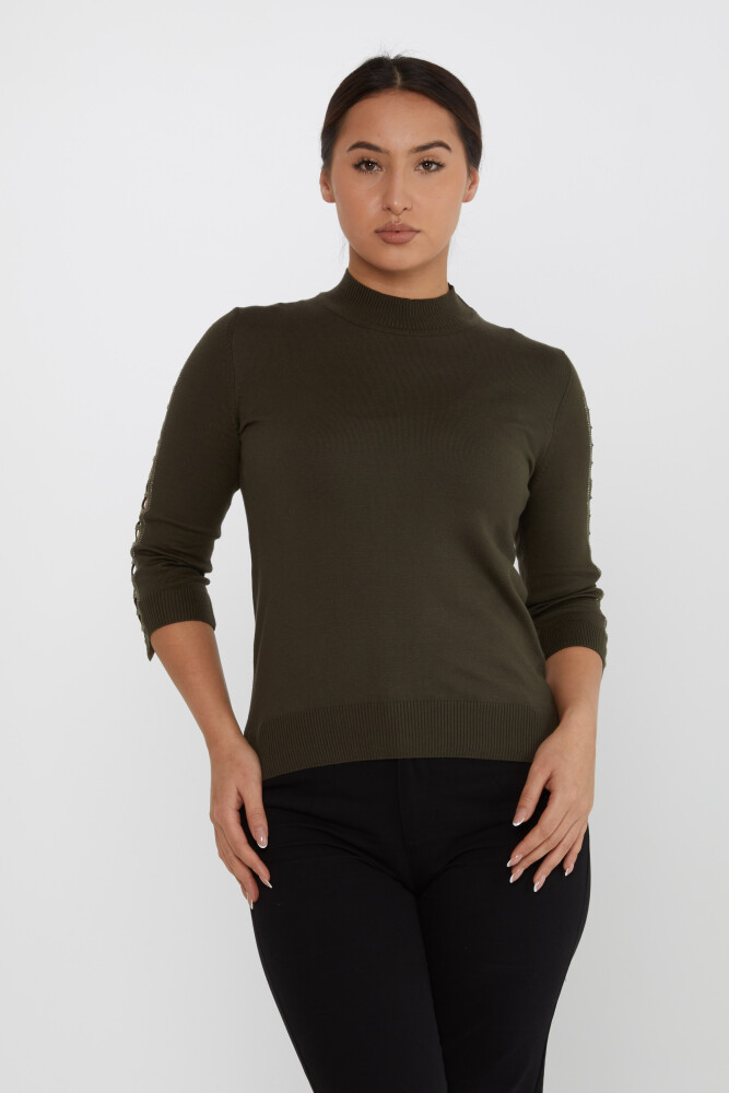 Sweter z dzianiny, rękawy z okienkami, haftowany kamieniem Khaki - 31245 | KAZEE (zestaw 3 sztuk M-L-XL) - 1