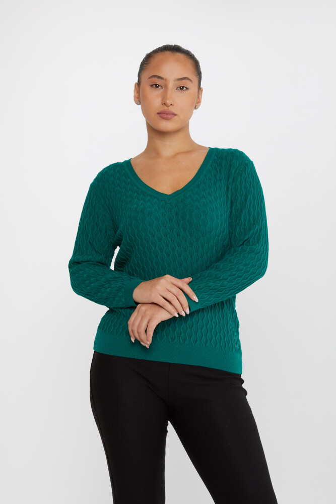 Sweter z dzianiny z własnym wzorem i dekoltem w serek w kolorze zielonym - 31247 | KAZEE (zestaw 3 sztuk M-L-XL) - 2