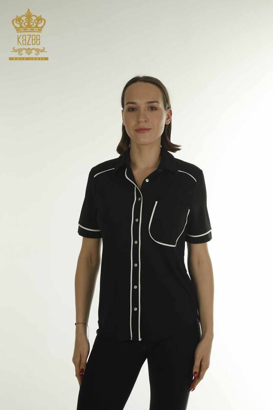 Toptan Kadın Bluz Düğme Detaylı Siyah - 79570 | KAZEE