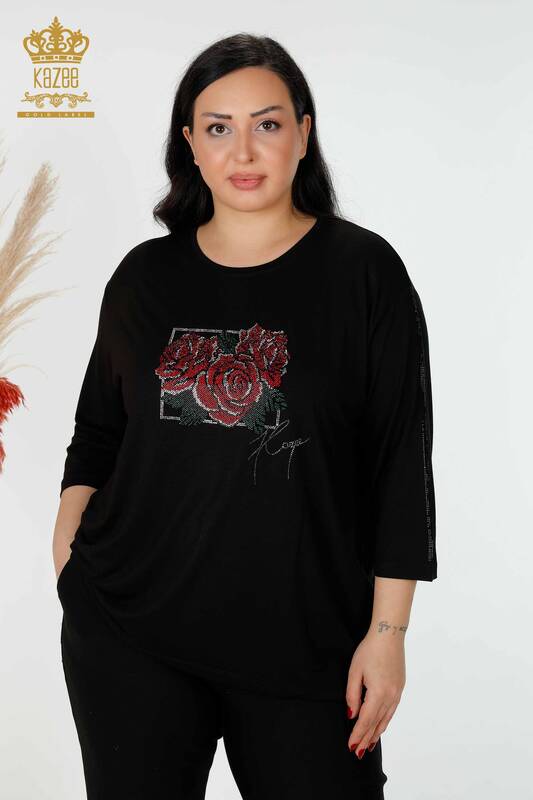 Toptan Kadın Bluz Gül Desenli Siyah - 78951 | KAZEE