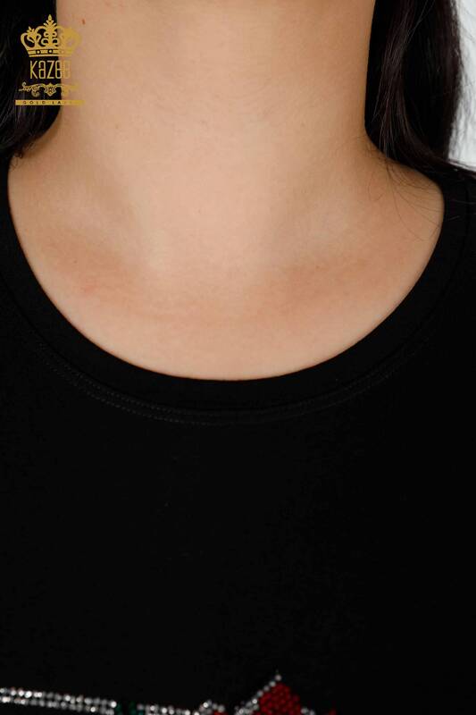Toptan Kadın Bluz Gül Desenli Siyah - 78951 | KAZEE