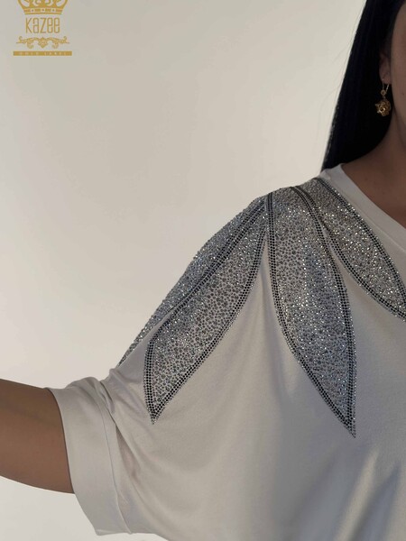 Kazee - Toptan Kadın Bluz Kristal Taş İşlemeli Ekru - 79580 | KAZEE (1)