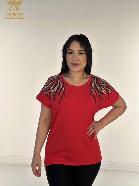 Kazee - Toptan Kadın Bluz Kristal Taş İşlemeli Kırmızı - 79868 | KAZEE