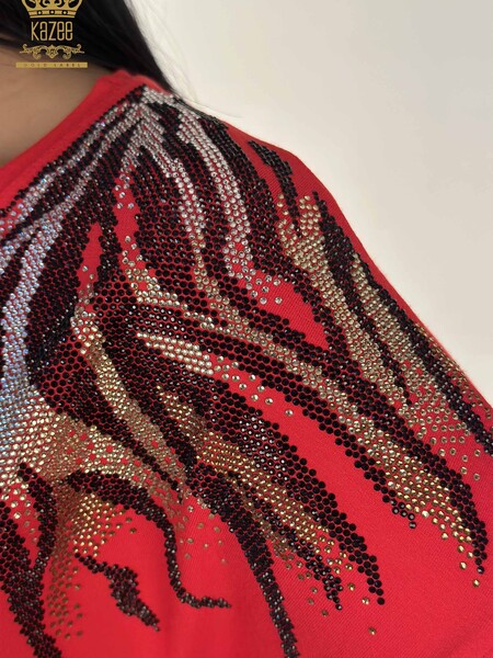 Toptan Kadın Bluz Kristal Taş İşlemeli Kırmızı - 79868 | KAZEE - Thumbnail