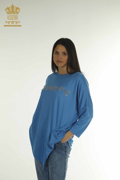 S&M - Toptan Kadın Bluz Kristal Taş İşlemeli Mavi - 2402-231049 | S&M