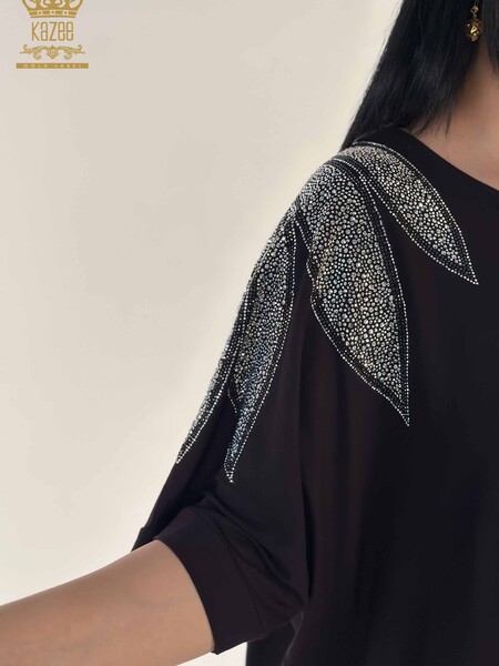 Kazee - Toptan Kadın Bluz Kristal Taş İşlemeli Siyah - 79580 | KAZEE (1)