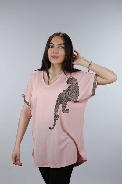 Toptan Bayan Bluz Leopar Desenli Taş İşlemeli - 77600 | KAZEE - 1