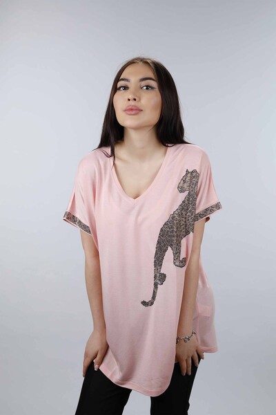 Toptan Bayan Bluz Leopar Desenli Taş İşlemeli - 77600 | KAZEE - 3