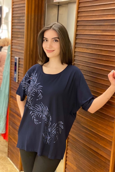 Toptan Kadın Bluz Oversize Kristal Taş İşlemeli - 77492 | Kazee - 3