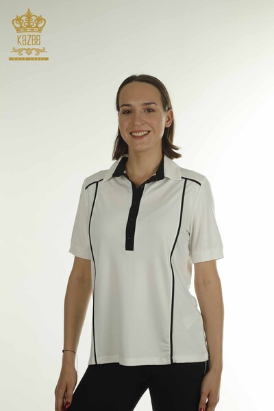 Kazee - Toptan Kadın Bluz Polo Yaka Ekru - 79566 | KAZEE