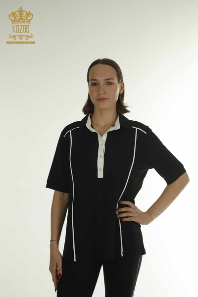 Toptan Kadın Bluz Polo Yaka Siyah - 79566 | KAZEE - Thumbnail