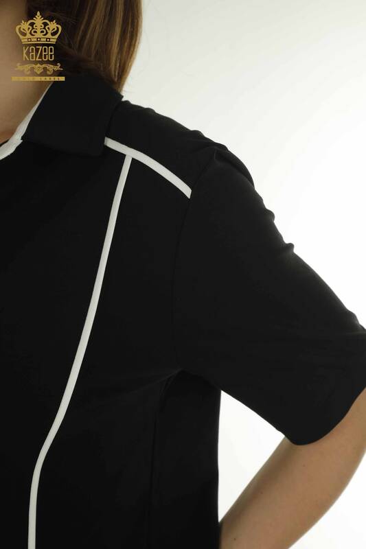Toptan Kadın Bluz Polo Yaka Siyah - 79566 | KAZEE