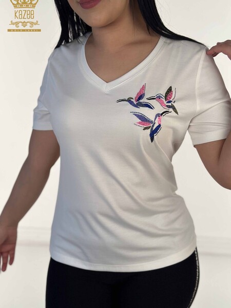 Kazee - Toptan Kadın Bluz Renkli Kuş Desenli Ekru - 79522 | KAZEE (1)