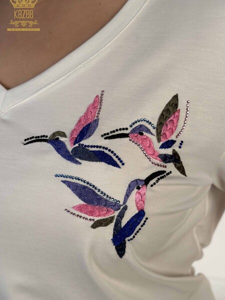 Toptan Kadın Bluz Renkli Kuş Desenli Ekru - 79522 | KAZEE - Thumbnail
