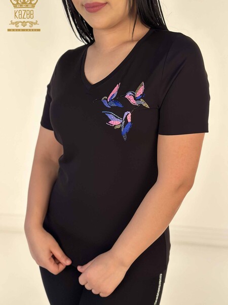 Kazee - Toptan Kadın Bluz Renkli Kuş Desenli Siyah - 79522 | KAZEE (1)