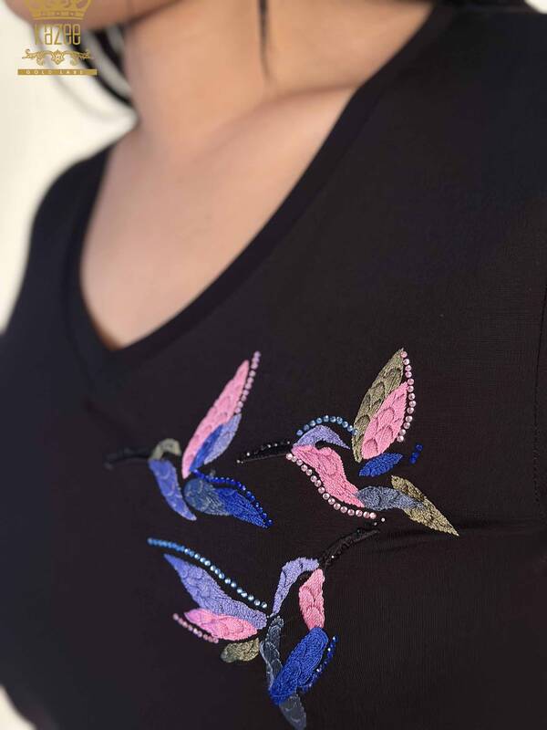 Toptan Kadın Bluz Renkli Kuş Desenli Siyah - 79522 | KAZEE