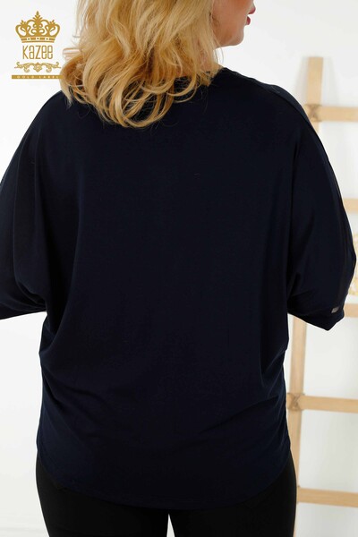 Toptan Kadın Bluz Tül Detaylı Lacivert - 79096 | KAZEE - Thumbnail