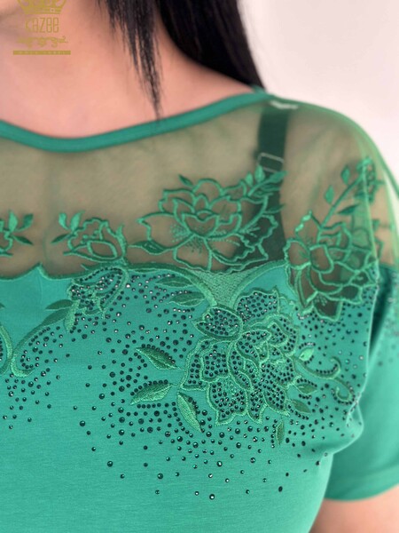 Toptan Kadın Bluz Tül Detaylı Yeşil - 79453 | KAZEE - Thumbnail