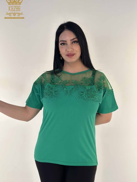 Kazee - Toptan Kadın Bluz Tül Detaylı Yeşil - 79453 | KAZEE