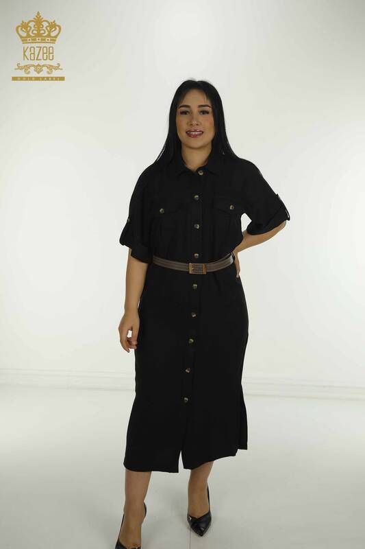 Toptan Kadın Elbise Cep Detaylı Siyah - 2414-5969 | M