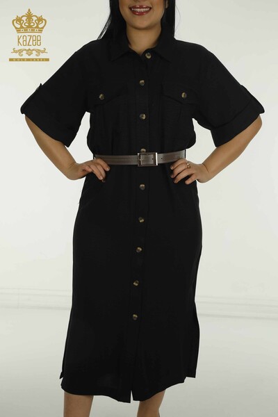 Toptan Kadın Elbise Cep Detaylı Siyah - 2414-5969 | M - Thumbnail