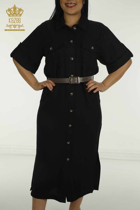 Toptan Kadın Elbise Cep Detaylı Siyah - 2414-5969 | M