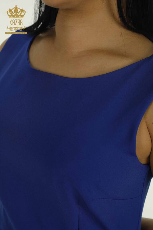 Toptan Kadın Elbise Düğme Detaylı Saks - 2414-5953 | M