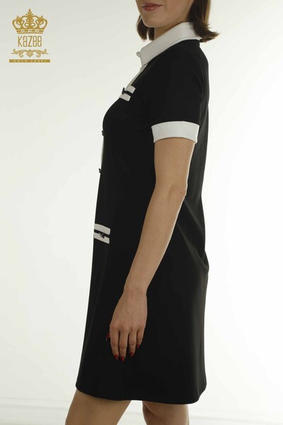 Toptan Kadın Elbise Düğme Detaylı Siyah Beyaz - 17701 | KAZEE - Thumbnail