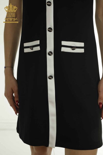 Toptan Kadın Elbise Düğme Detaylı Siyah Beyaz - 17701 | KAZEE - Thumbnail